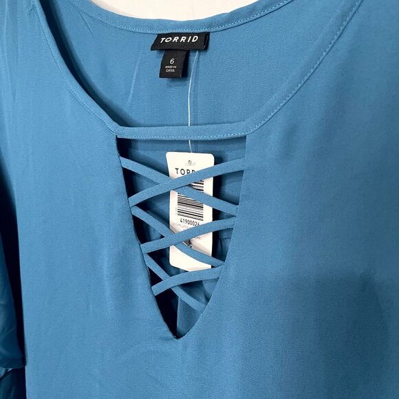 Torrid Georgette Lattice V Neck Flutter Sleeve Bluesteel Blouse Top 6 6X 30 - Picture 3 of 6